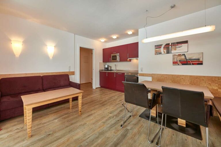 Großer moderner Wohnbereich mit offener Küche im Appartement Kitzblick